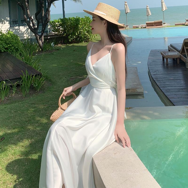 Bali beach skirt seaside sexy backless vacation skirt long skirt slim satin suspender skirt women's summer island skirt