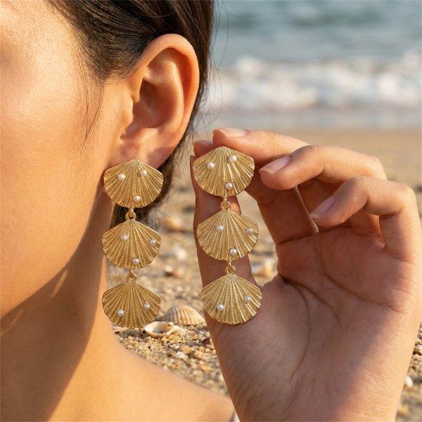 Boho Ocean Style Starfish Shell Pendant Earrings for Women Summer Seaside Conch Scallop Pearl Earring Beach Party Charm Jewelry