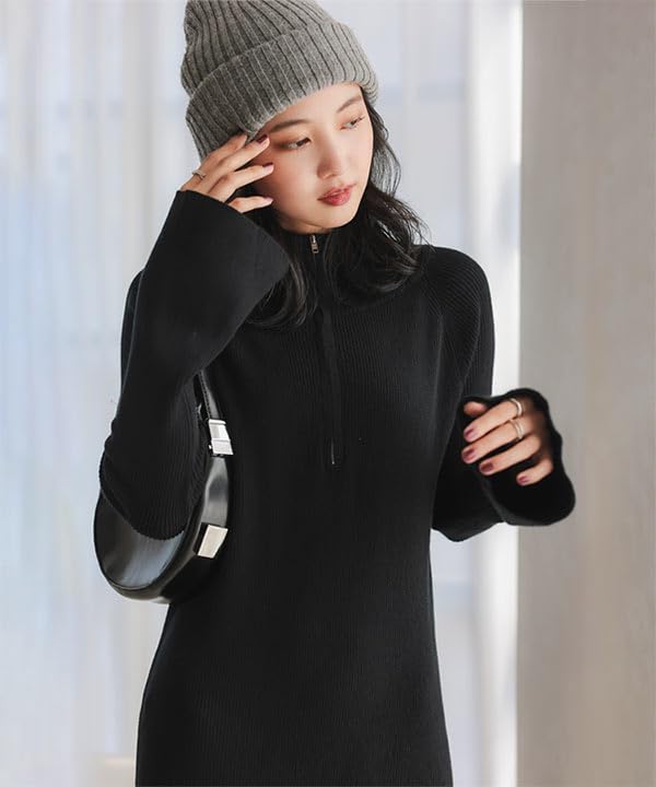 Kobe Lettuce Knit Flare Stylish Casual Fall Outfit Greige Dress, Sleeve, Half-Zip, [E3406] M,