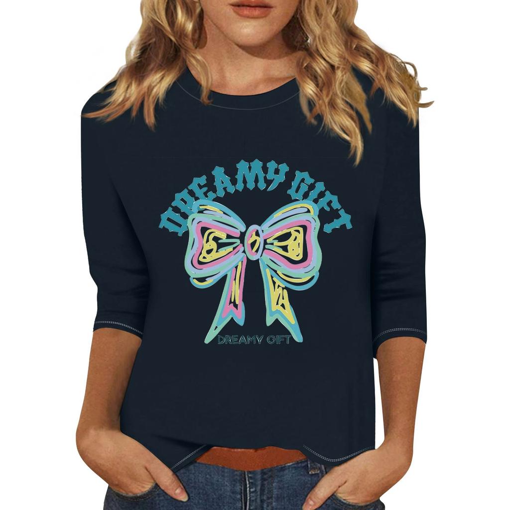 Women's Fashionable Casual Three Quarter Sleeve Printed Collar Pullover Top
