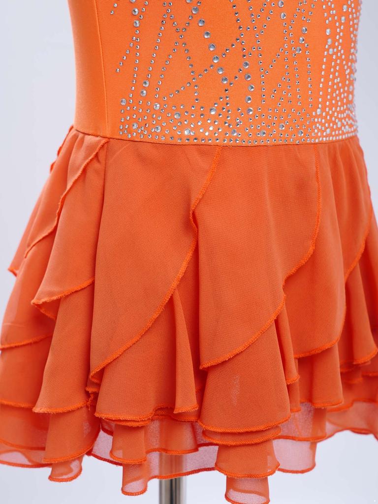 Kids Girls Rhythm Gymnastics Ballet Skirted Leotards Dresses Shiny Rhinestones Figure Skating Lyrical Dance Performance Costume