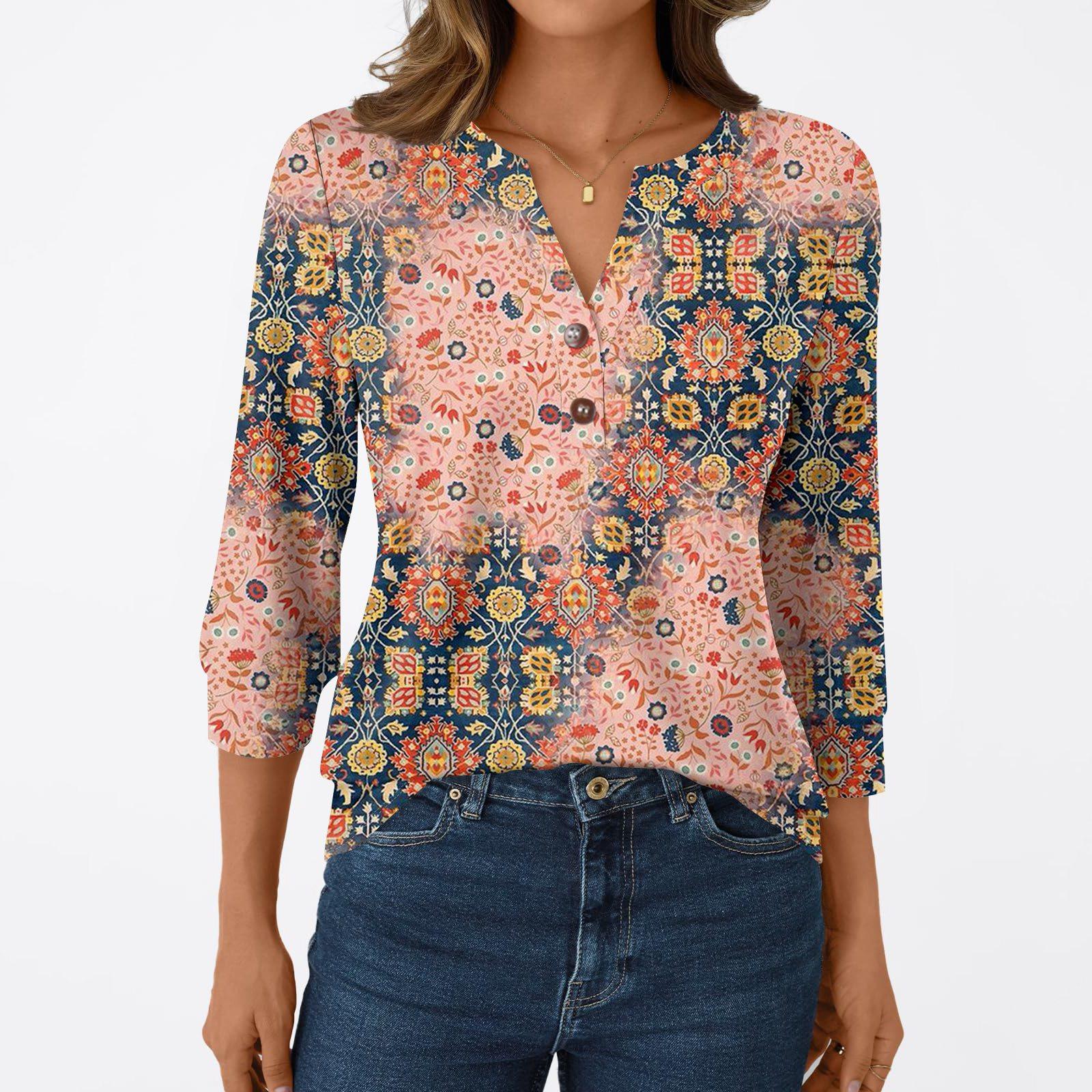 

Women s Fashion Casual 3/4 Sleeve T-Shirt Prints V-Neck Button Top L рожевий