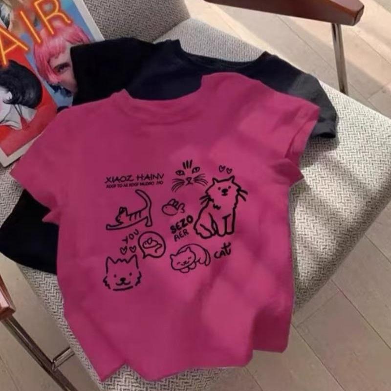 Women's Casual Cat Print T-Shirt Short Sleeve Crew Neck Loose Fit Tee Top
