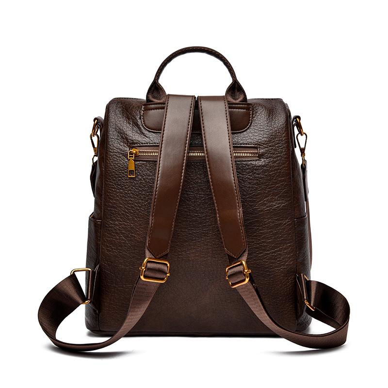 Women PU Leather Backpack Multifunctional Vintage Badge Shoulder Bag Large Capacity Anti‑theft Travel Crossbody Bag Casual Ladies Handbag For Daily