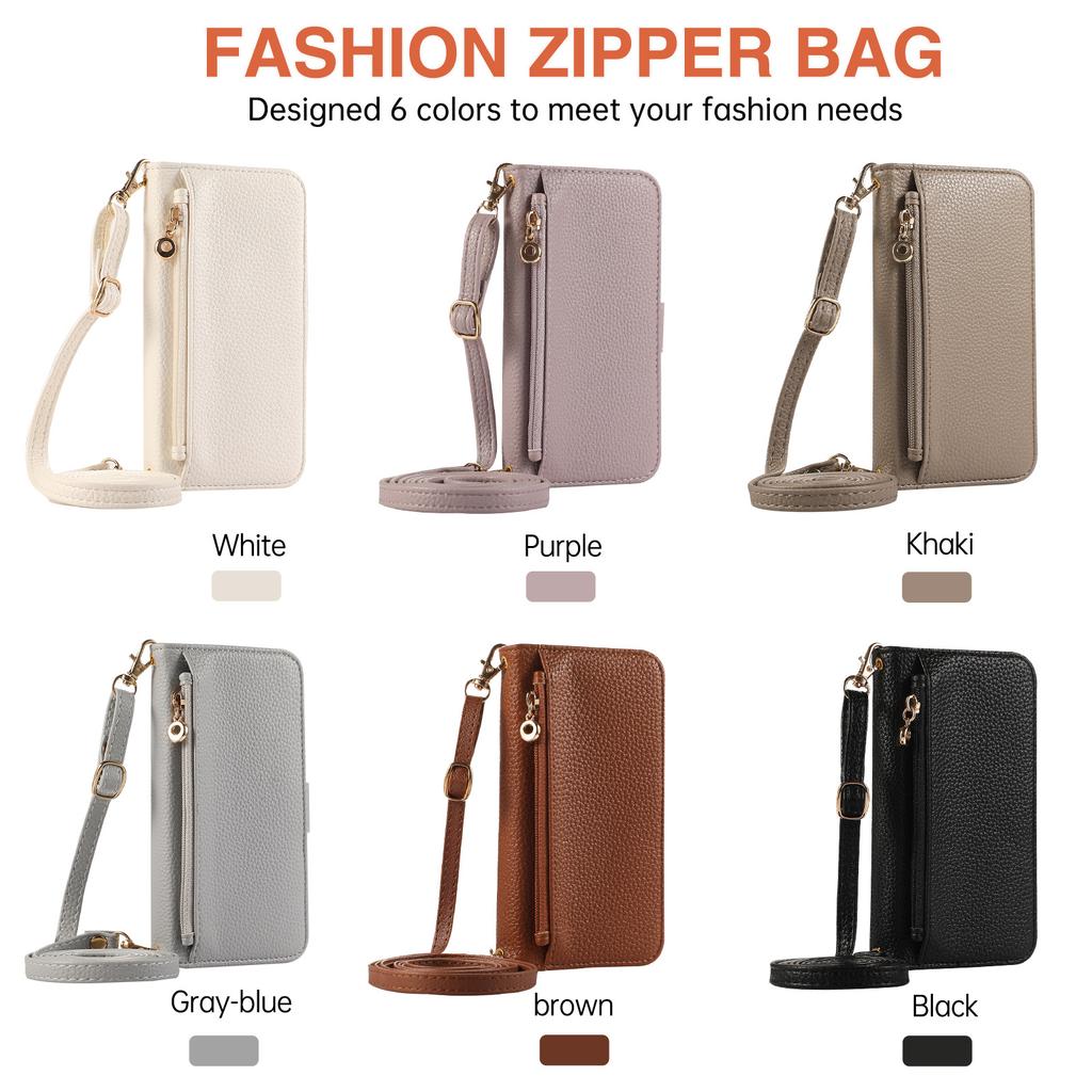 Applicable to iPhone16 lychee pattern leather case 15plus zipper wallet card insert mirror diagonal span protective case 14Pro