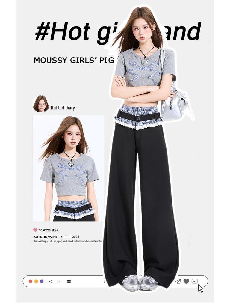 Plaid Patchwork Lace Double Waistband Wide-Leg Pants for Women - New 2025 Spring/Autumn Casual Long Pants