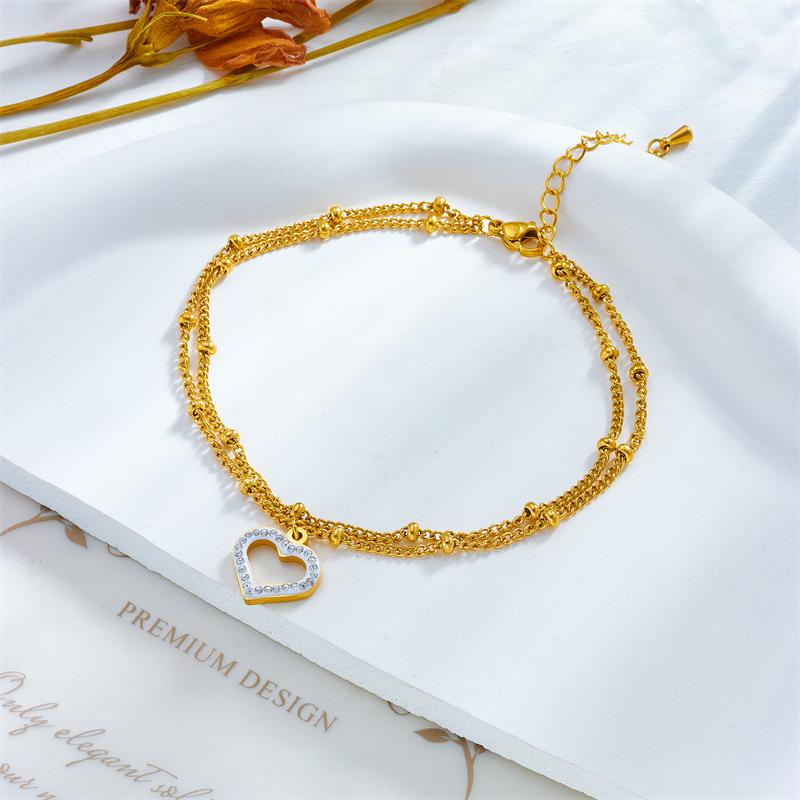 Gold Plated Double Layer Anklet with Hollow Heart Charm, Dainty CZ Paved Foot Chain for Women, Summer Beach Boho Jewelry