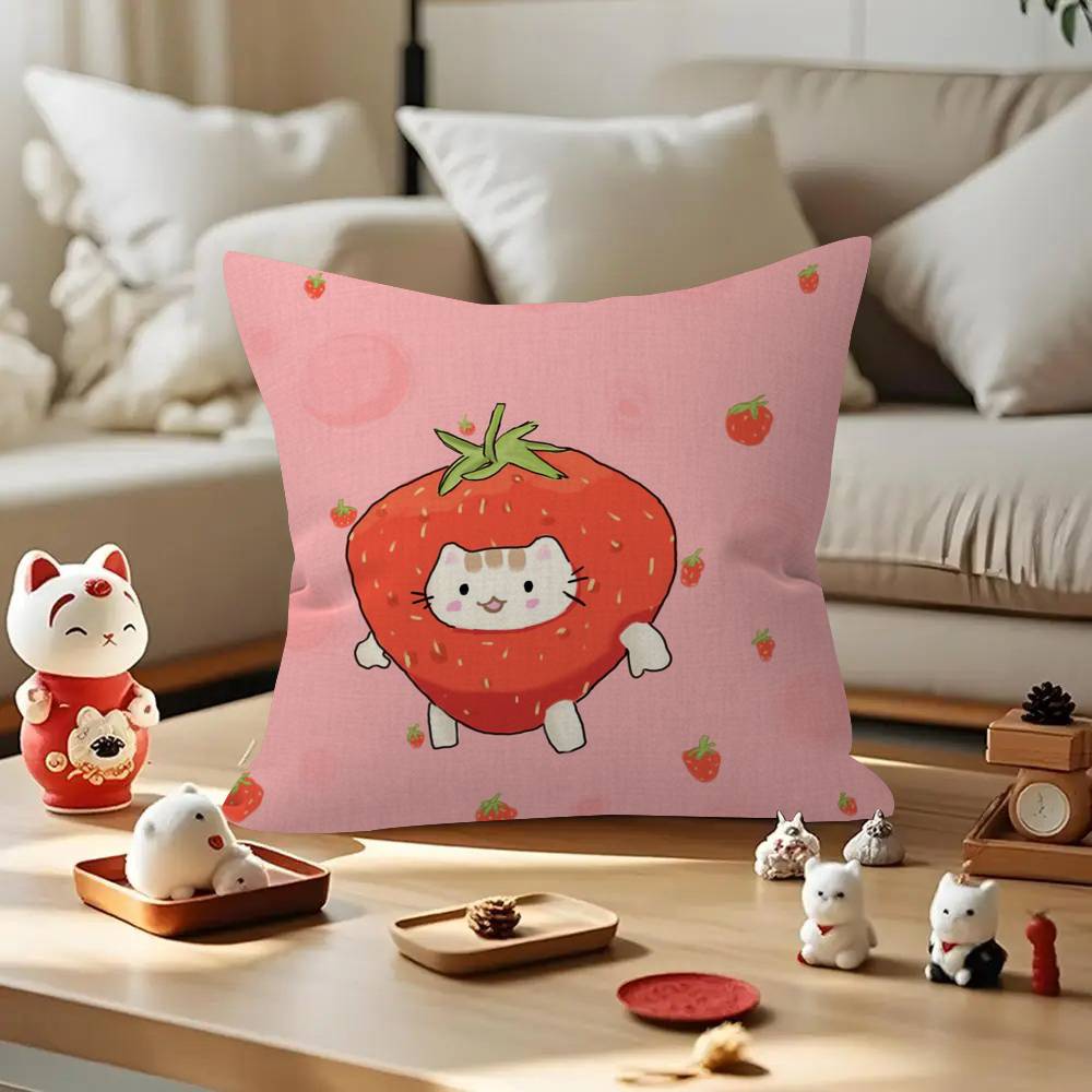 Cute Strawberry Cat   Personalized Pillow Cover Kids Bedroom Wild Party Decor Pillowcase kid Birthday shower Gift