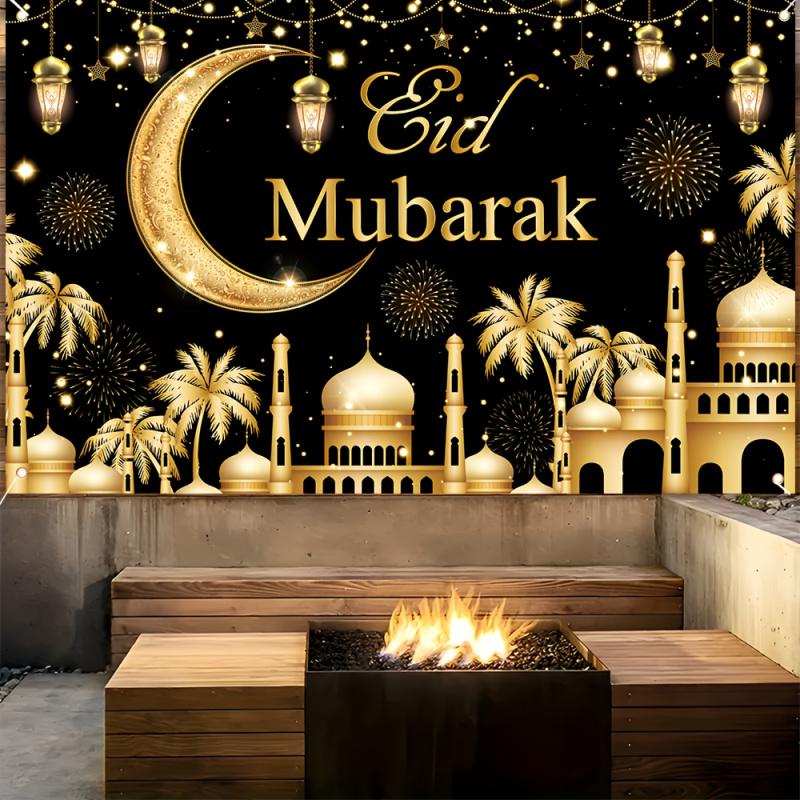 Black-Gold Eid Mubarak Tapestry Islamic Festival Wall Hanging Suitable For Home Party Living Room Outdoor Decor