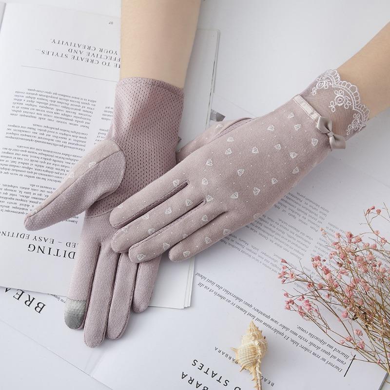 Damen Sonnenschutzhandschuhe Neue Frühling und Sommer Fahrhandschuhe Spitze Schleife Reiten Rutschfest Dünne Touchscreen-Handschuhe