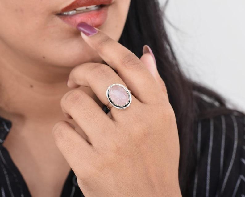 

Solid 925 Sterling Silver Rose Quartz Gemstone Handmade Designer Bohemian Ring Statement Gift Ring 11