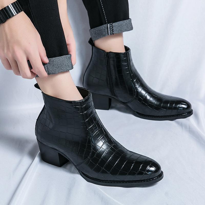 Classic Brown Men Dress Boots Pointed Zippers High Heel Boots For Men Leather Luxury Men High Top Formal Shoes Botas Para Hombre