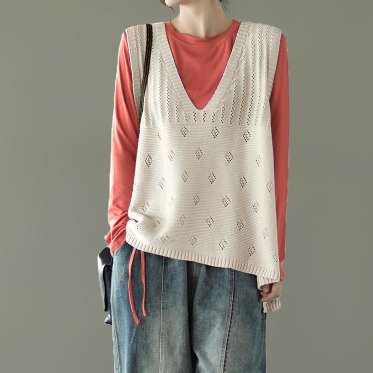 Einfarbige Strickweste Damen Herbst Aushöhlen Kapuzenweste Haken Blume Strickpullover V-Ausschnitt Lockere Freizeitweste Damen