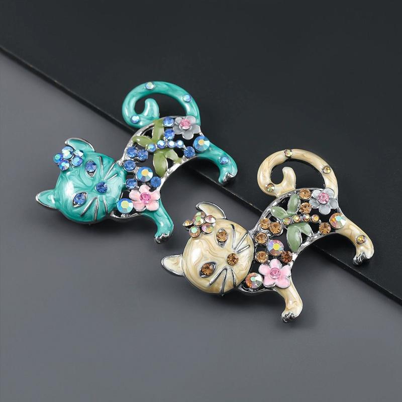 1pc Metal Women Enamel Casual Flower Animal Gifts Rhinestone Brooch Pins Cat Brooches
