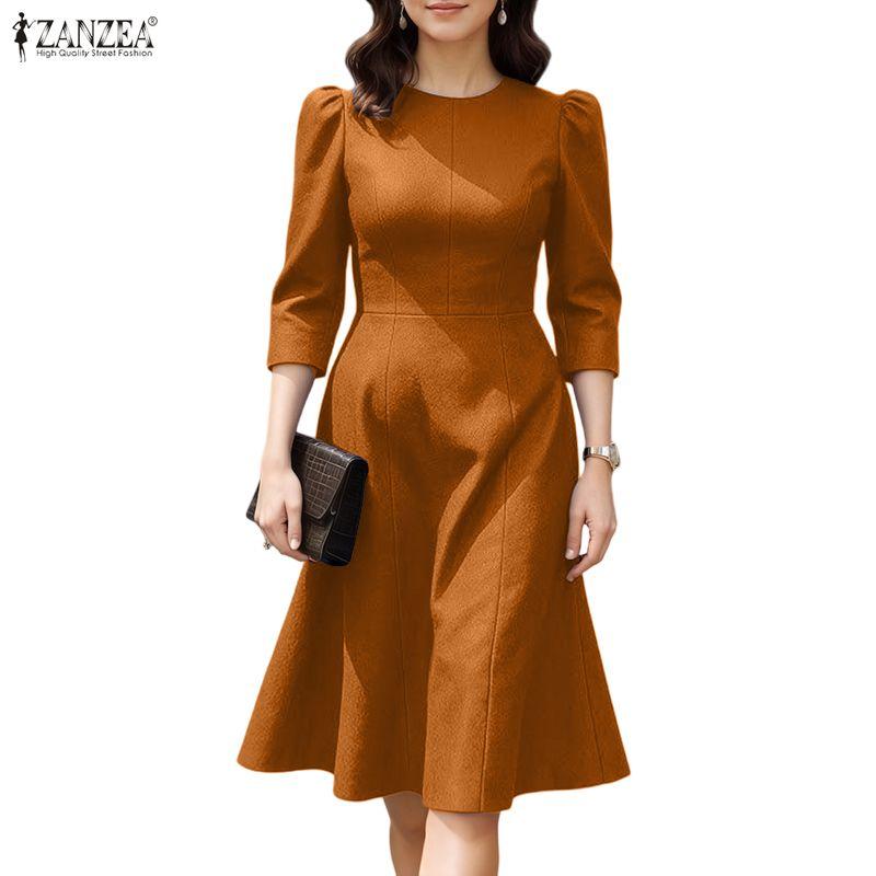 ZANZEA Women Casual Round Neck Summer 3/4 Sleeve Elegant Dress