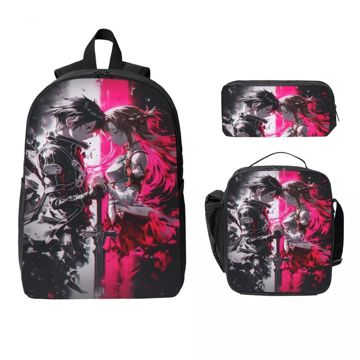 Set de 3 Sacs d'école Sword Art Online Kirito Asuna pour Filles Garçons Sacs à Crayons Sacs à Dos avec Boîte à Lunch Pour l'École