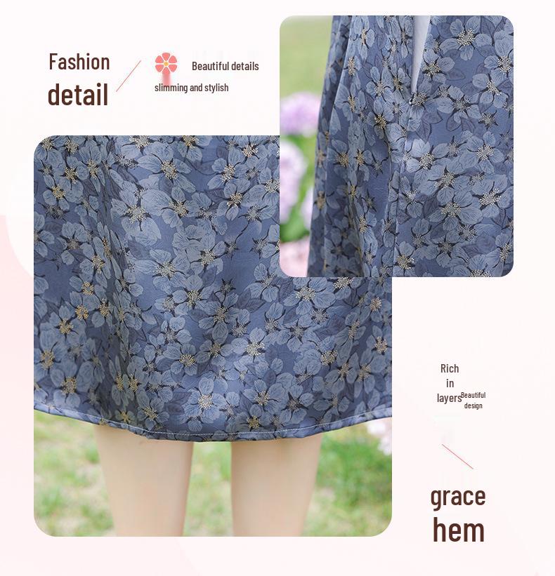 Blue Floral Print Slimming Dress for Middle-Aged and Elderly Women - Summer 2026 Fashion