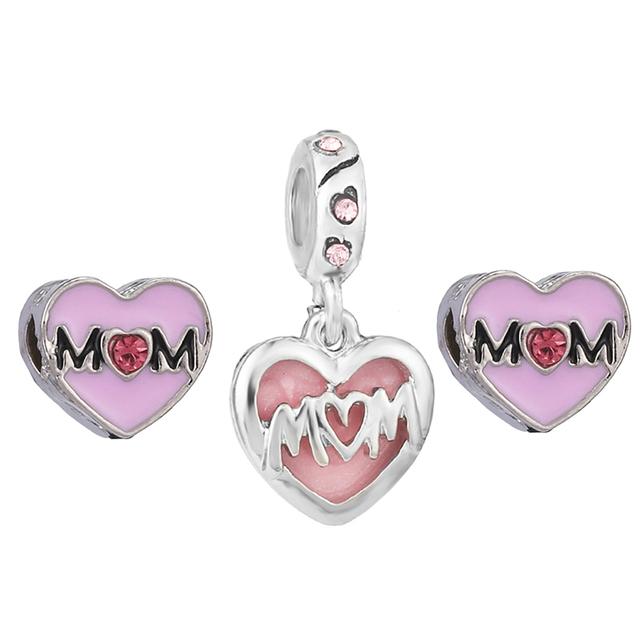 3pcs /Lot Pink Love Heart Beads Enamel Mom Pendant Fit Diy Brand Charm Bracelets Necklaces For Women Mother Jewelry Making