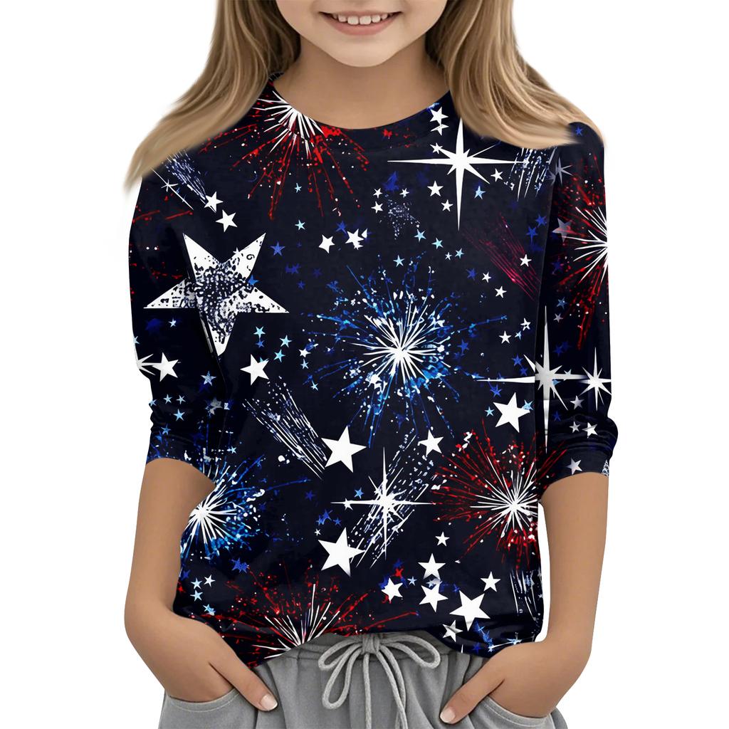 Print Tops For Youth Girls Round Neck 3/4 Sleeves T-Shirts Trendy Tops Outfit Tees Independence Day