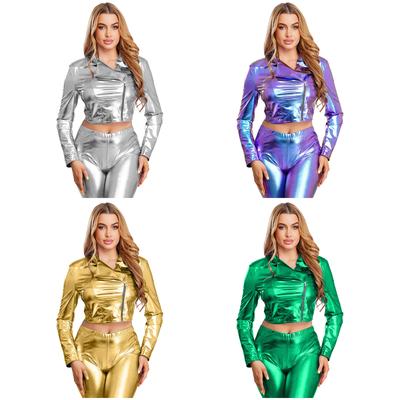 Womens Glossy Crop Jacket Notch Lapel Long Sleeve Side Zipper Club Outerwear