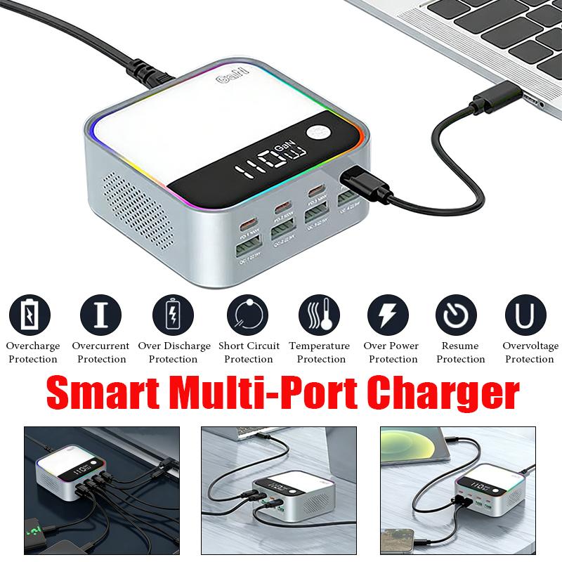 120W Desktop Charger USB Universal Multi-Port PD Fast Charger with Multi-Color Ambient Lighting Display for Mobile Phones Laptop