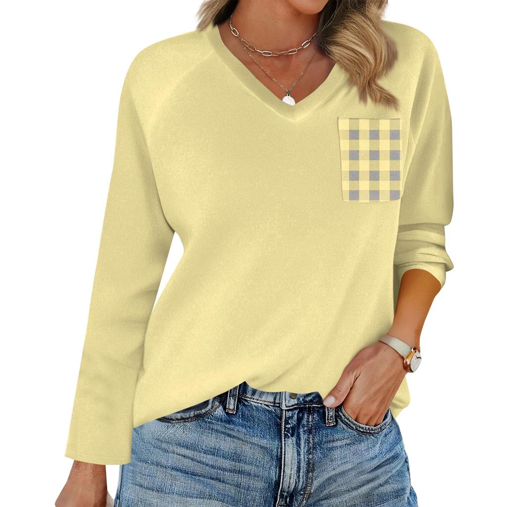 Women's Raglan Long Sleeve V-Neck T-Shirt Splicing Solid Color Casual Top Pullover V-Neck Pocket Bottoming Shirt