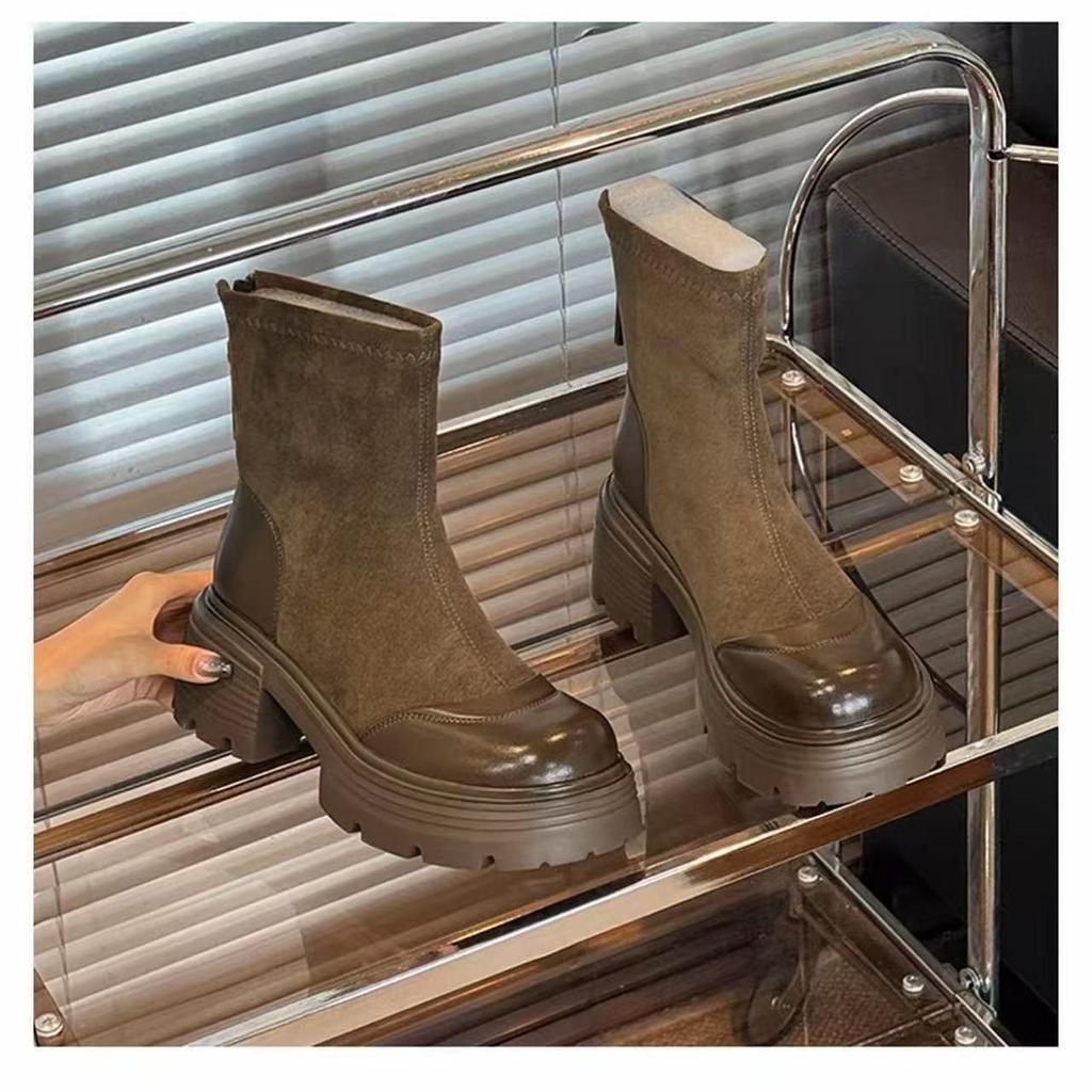 British Style Thick Heel Autumn and Winter Versatile Fashion Thin Boots 2025 Medium Elastic Heel New Boots Medium Boots Women's Boots Thick Sole