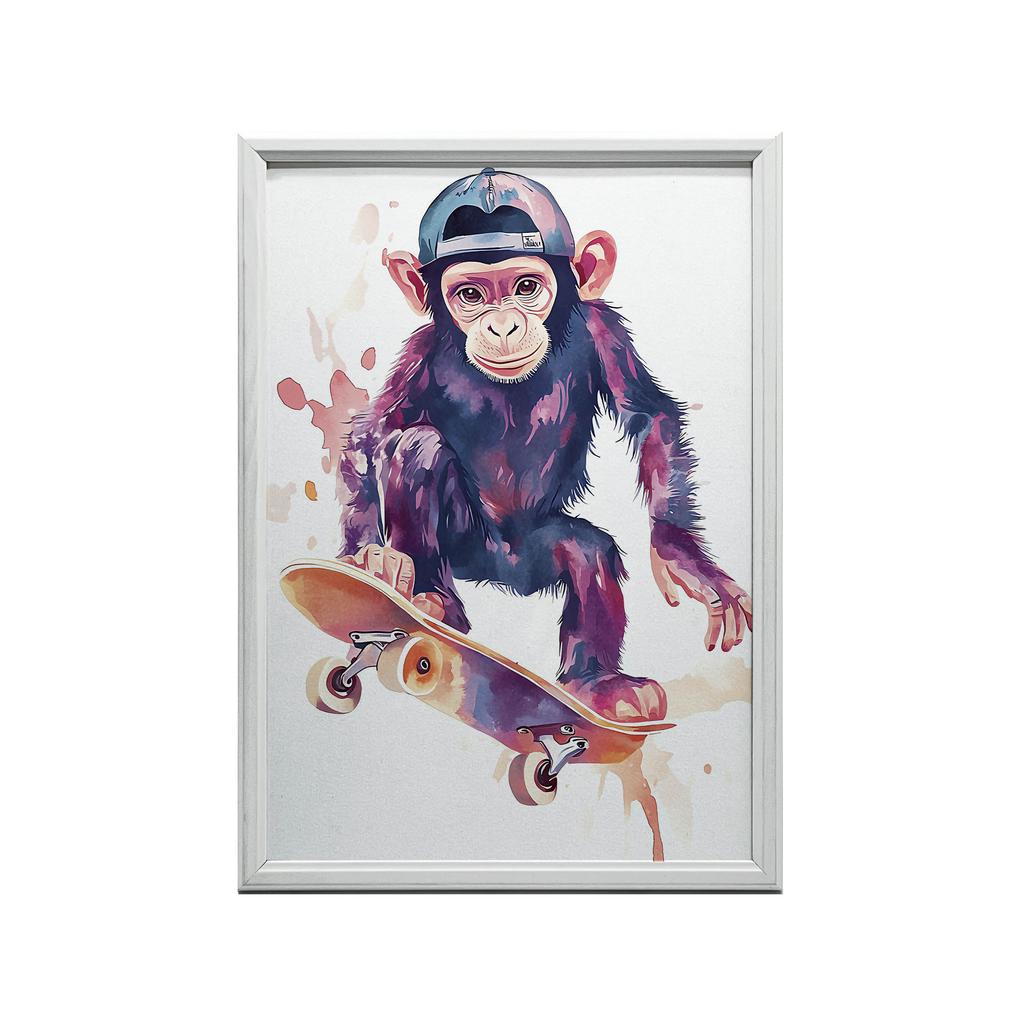 Plakat Małpi Skateboardzista Plakat Małpi Skateboardzista, 70X100 Cm, Rama Drewniana Jasny Dąb, Papier Matowy 230 Gsm
