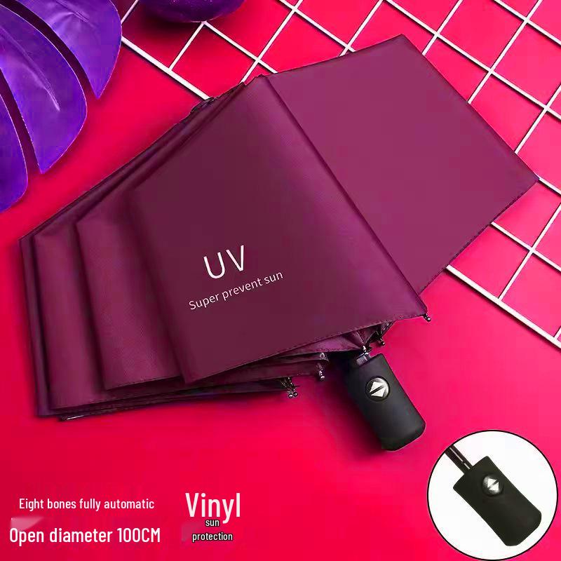Automatic UV Three-Fold Umbrella - Black Glue Sun/Rain Protection with Printed Logo