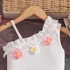 2026 Spring/Summer Girls' Asymmetrical Shoulder Camisole and Sweet Jacquard Bow Skort Set