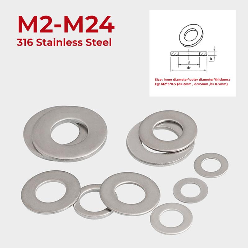 M2 M3 M4 M5 M6 M8 M10 M12 M14 M16 M18 M20 M22 M24 316 A4 Stainless Steel Flat Washer Plain Gasket Rings Pad Thickness 0.5-4mm