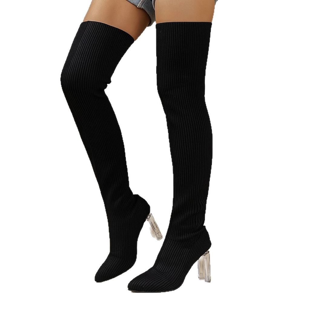 Fashion Sexy Over The Knee Sock Boots Women High Heels Fahsion Shoes Winter Knitting Long Boots Transparent Chunky Large Size 43 Shoes