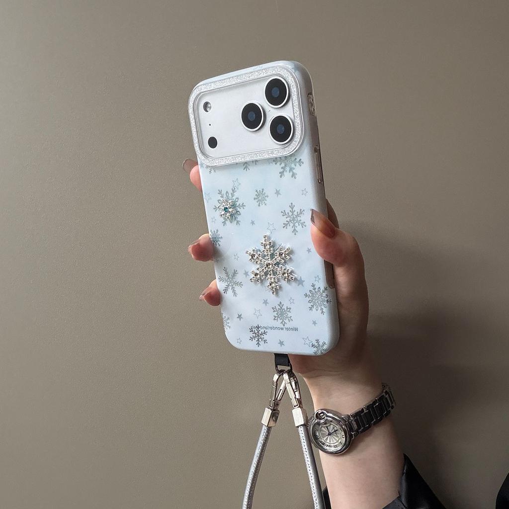 Milk blue three-dimensional snowflake suitable for iphone17/16pro max mobile phone case Apple 15 glitter 14 protective case