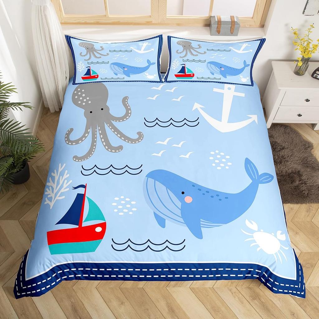 whale and Anchor duvet cover set for teens kids boys queen Lightweight Bedspread Cover bedroom Decor Navy Blue Ocean Bedding Set