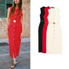 Summer New Product Women's Clothes Decorated Row Button with Belt Crepe Sleeveless round Neck Midi Skirt Dress 3897054