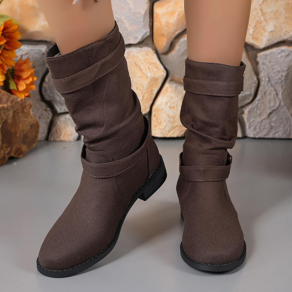 Large Size Buckle Belt Denim Buckle Belt Fashion Boots Autumn and Winter New Square Heel Round Head Going Out Boots
