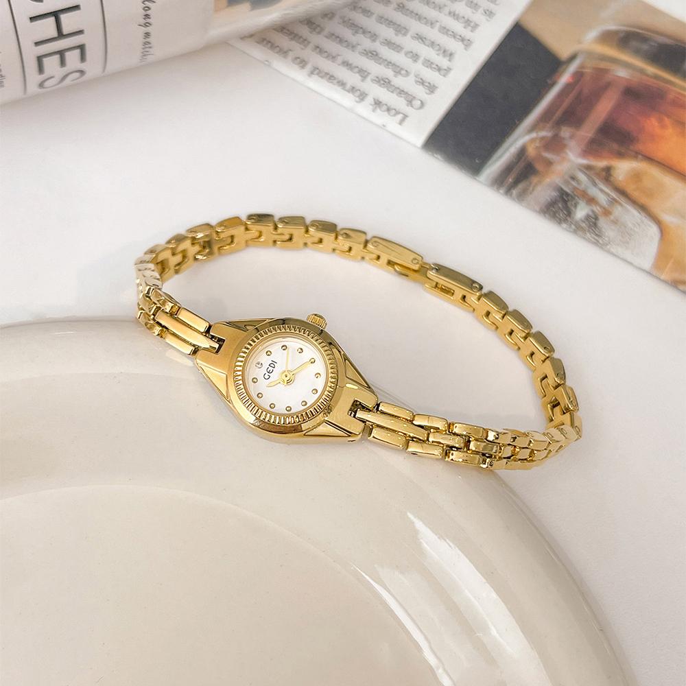 GEDI Vintage Women Watch Minimalist Gold Bracelet Ladies Watch Elegant Casual Small Round Quartz Wristwatch for Girlfriend
