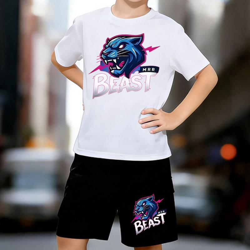 

Boys 2 Piece Roaring Black Panther Printed Outfit, Short Sleeve T-Shirt and Shorts Set for Kids Age 5-14, Black and White Sporty Casual Summer Clothes 13-14 Years білий