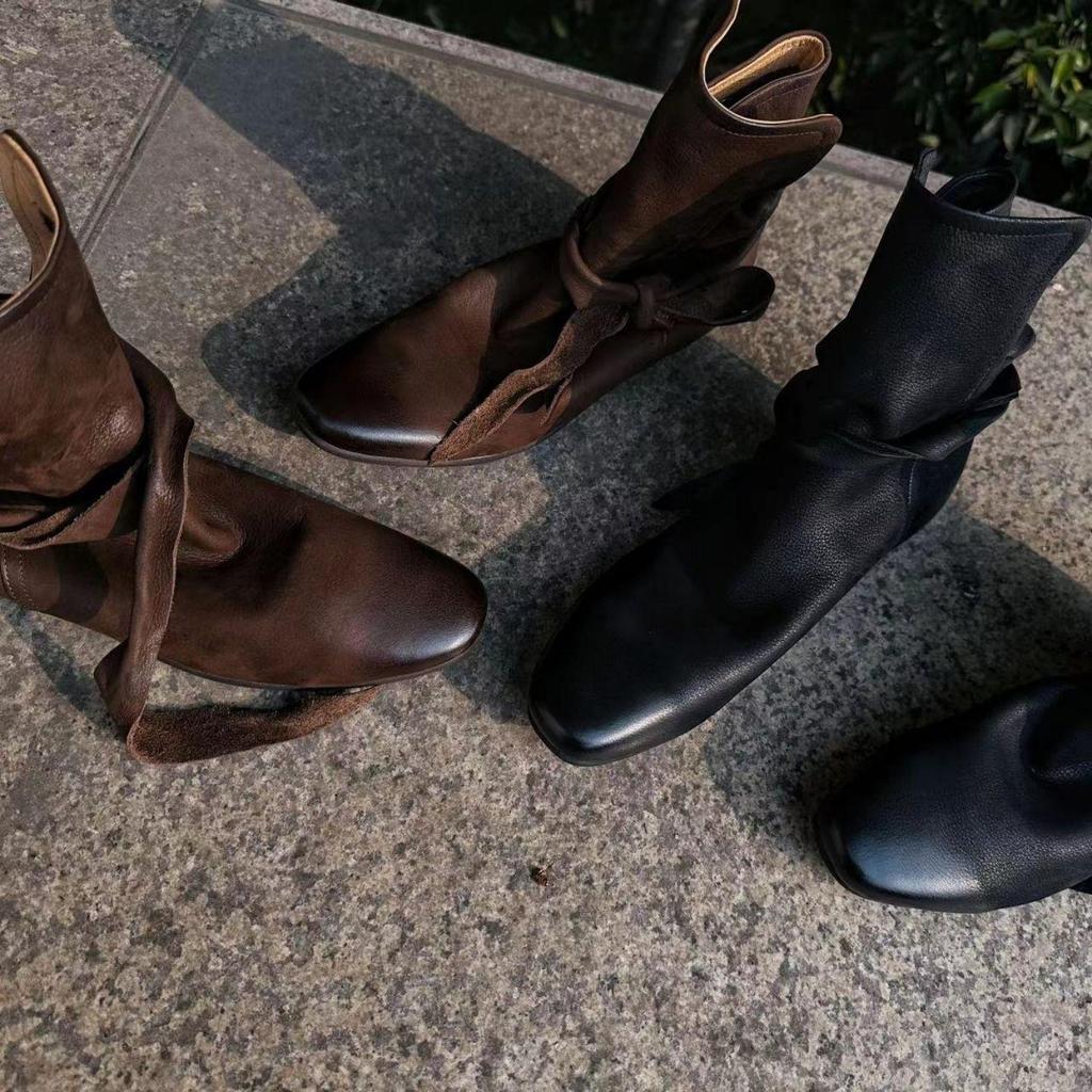 Cowhide version niche minimalist comfortable leather boots martin boots women's retro old round head bow wrap belt short boots