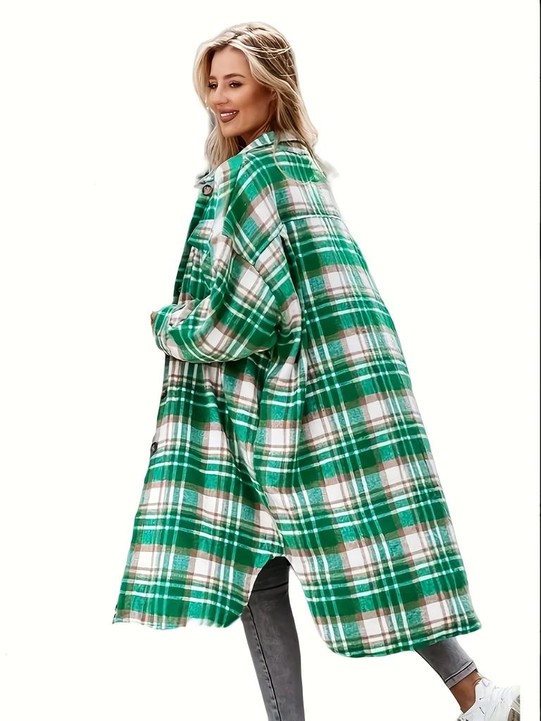Winter New Cross-border Women's Clothing European And American Loose Casual All-match Mid-length Plaid Shirt Long-sleeved Jacket