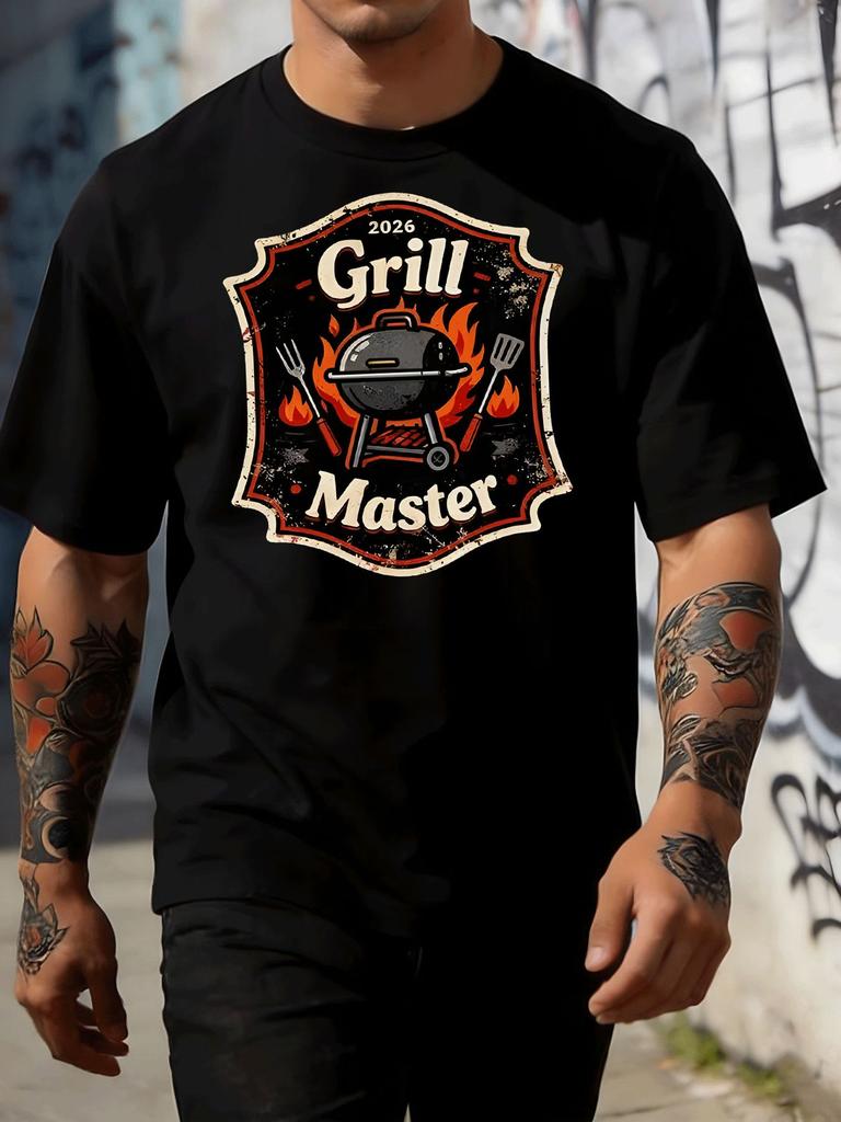 Vintage Grill Master Barbecue Badge Graphic Front Print Unisexs Crew Neck Short Sleeve Tee Casual Daily Soft Basic Wear Top