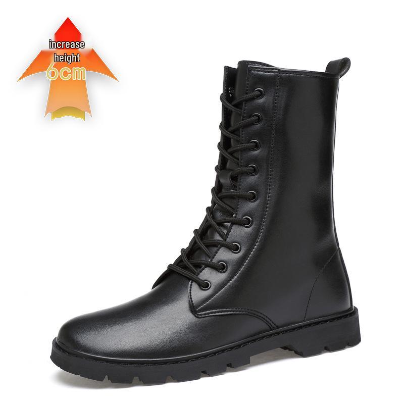 Men's Autumn Military High-Top Boots with Hidden Height Increase, Warm Cotton Lining, Large Sizes, and Non-Slip Rubber Sole