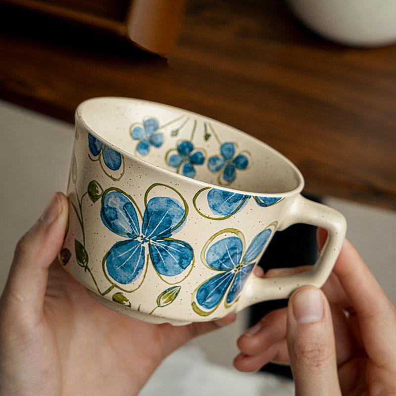 European-style Ceramic Coffee Cup with Blue Flower Design Exquisite Latte Art Coffee Mug Afternoon Tea Home Breakfast Milk Mug