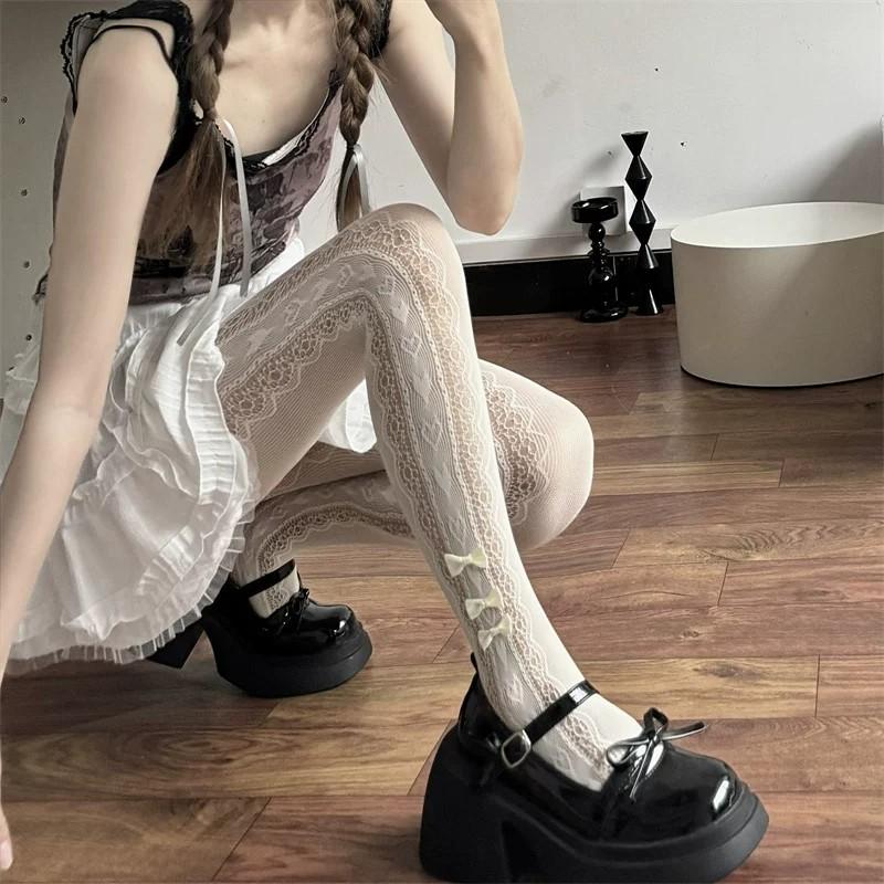 Lolita Lace Love Pattern Stockings Women's Summer Thin Japanese Pure Desire Cute Bow Mesh Pantyhose