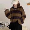 2024 Autumn/Winter Women's Korean Color Block Striped Round Neck Knit Sweater - Loose Fit Fashion Pullover
