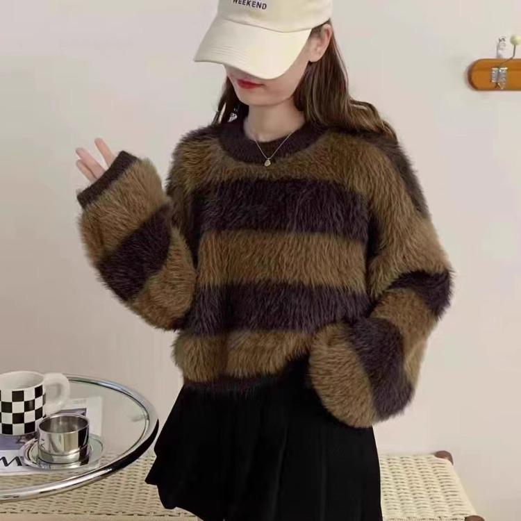 2024 Autumn/Winter Women's Korean Color Block Striped Round Neck Knit Sweater - Loose Fit Fashion Pullover