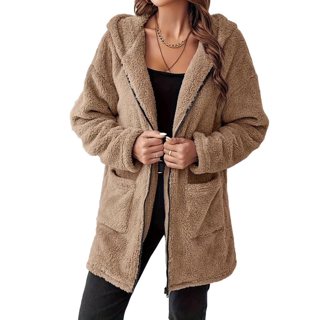 Women's Winter Plush Hooded Jacket Casual Zip-Up Coat With Pockets Soft Fleece  For Fall Winter Winter Jacket
