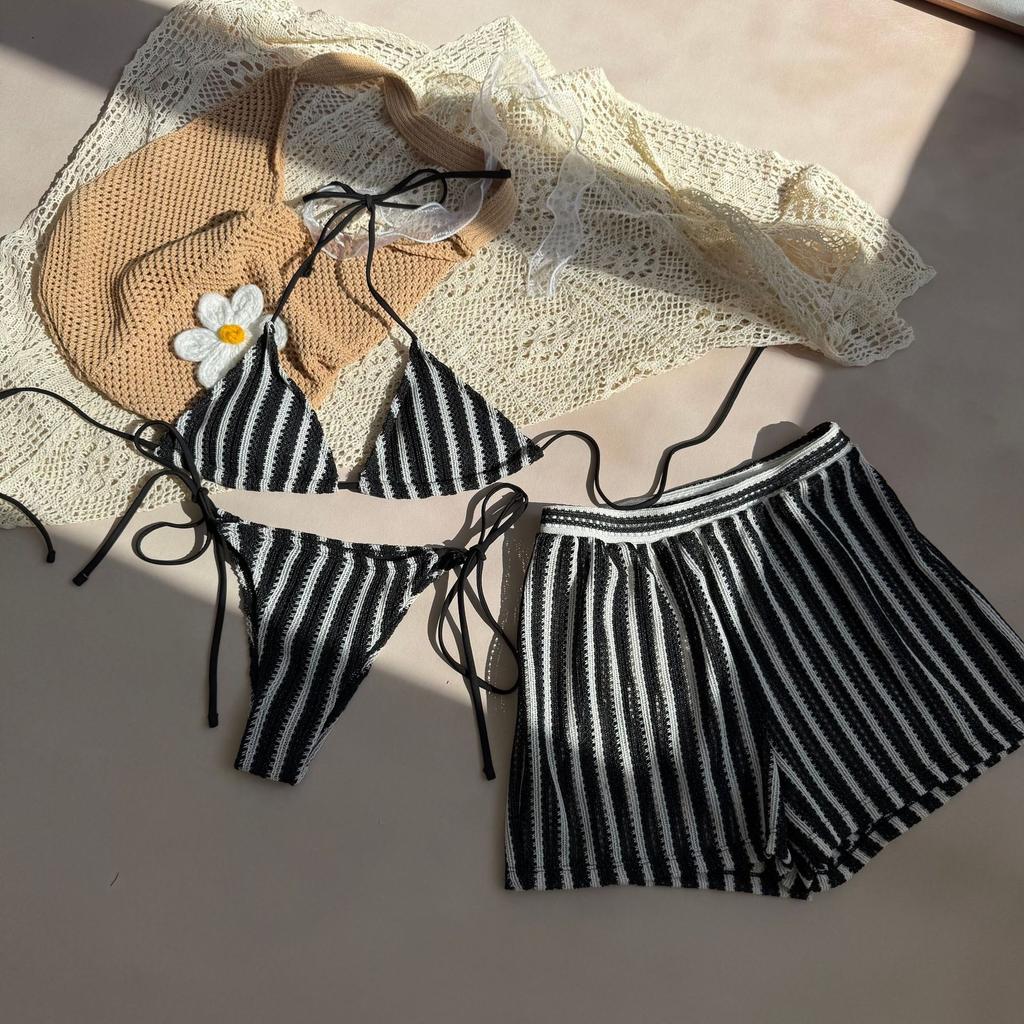 Sexy Green Orange Striped Bikini Set Women Halter Push Up High Waist Panties 3 Piece Swimsuit 2026 Summer Bathing Suit Swimwear
