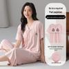 2026 Women's Summer Pajamas with Built-in Bra: Lyocell Cotton, Short Sleeve, Three-Quarter Pants, Thin Round Neck Loungewear