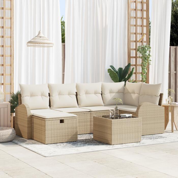 Ensemble de canapé de jardin 7 pièces avec coussins Beige Poly Rattan, Canapé de jardin 2 places avec rangement et coussins 3360422